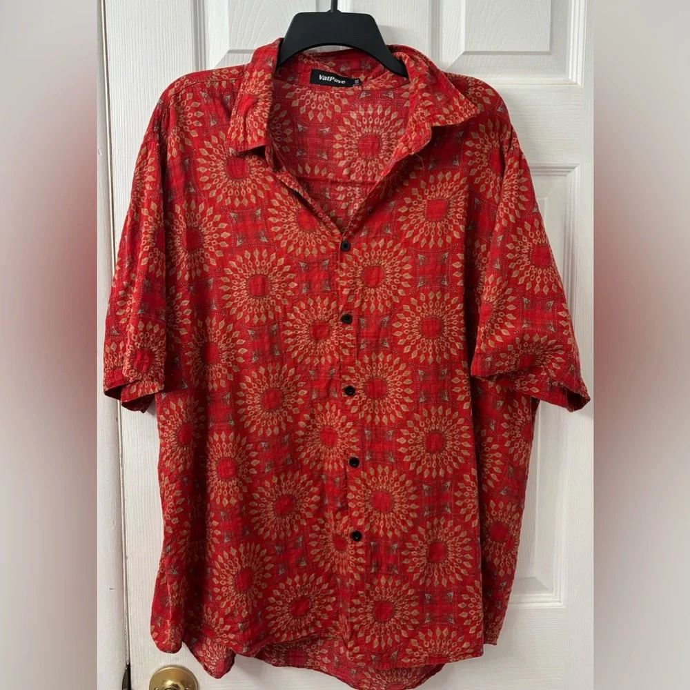 VatPave Red Geometric Print Button-Up Shirt | Boho Festival Short Sleeve - Picture 1 of 6